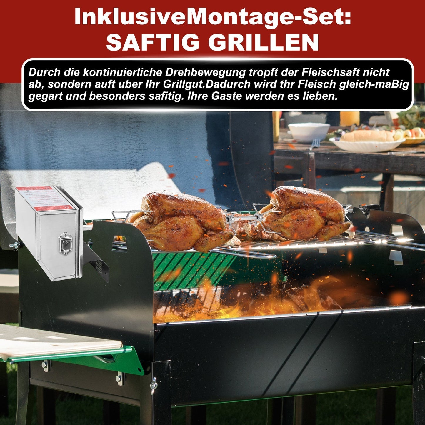 BBQ Grillspieß Edelstahl Motor 4x Fleischnadel | Karnz