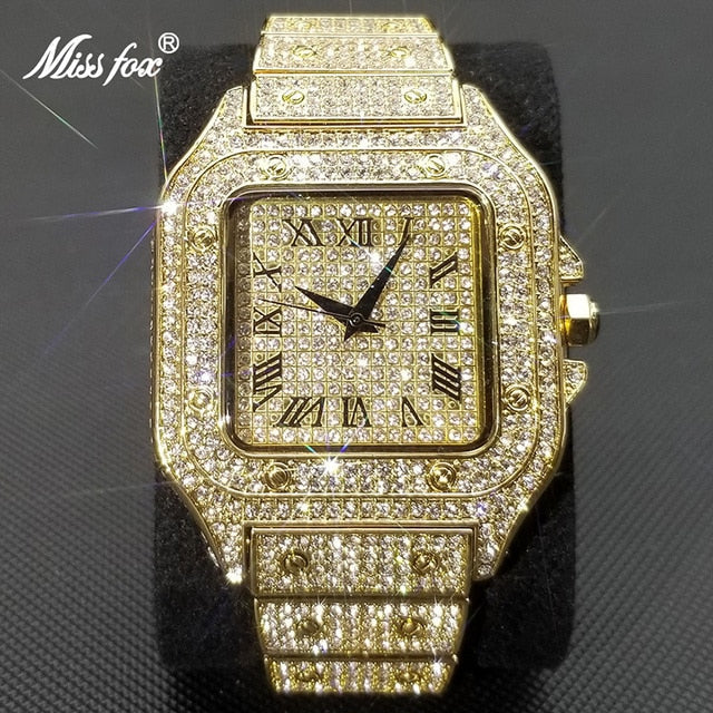 Karnz | MISSFOX Ice Out Square Herrenuhr | 18K Gold Nano-Vakuum-Beschichtung | Schweizer Quarz-Uhrwerk | Vollbesetzt mit Lab-Diamanten | Edelstahl-Gehäuse | Wasserdicht 3 ATM