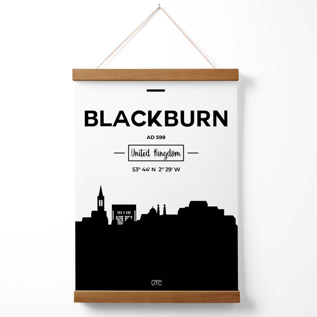 Blackburn Stadtbild-Poster in Schwarz-Weiß mit Aufhänger