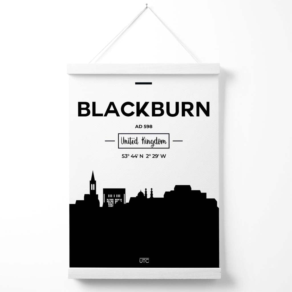 Blackburn Stadtbild-Poster in Schwarz-Weiß mit Aufhänger