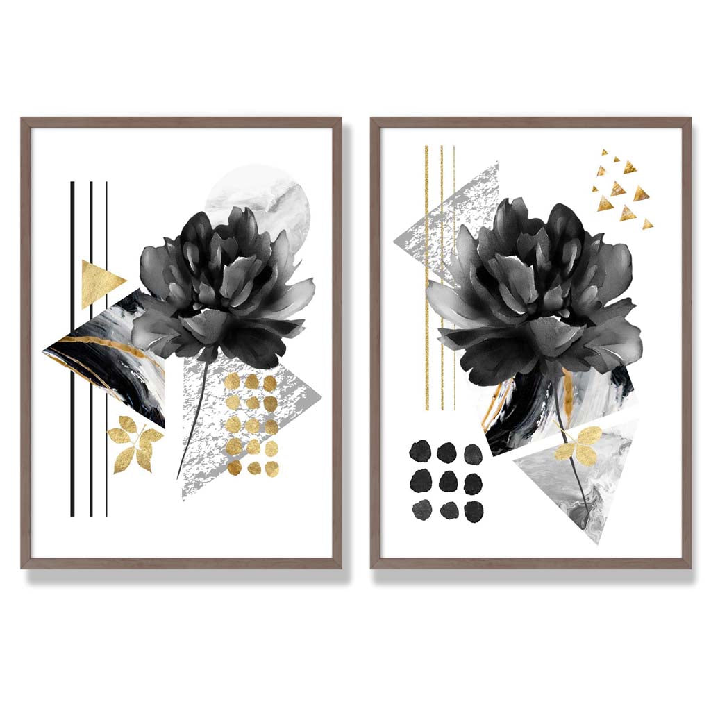 Moderne Blumenmotive, schwarz-gold gerahmtes Set aus 2 Kunstdrucken