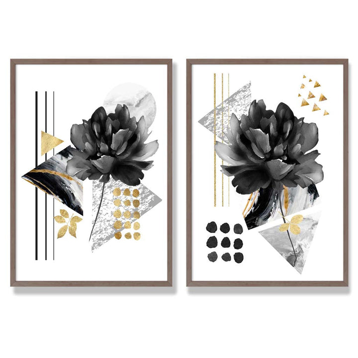 Moderne Blumenmotive, schwarz-gold gerahmtes Set aus 2 Kunstdrucken