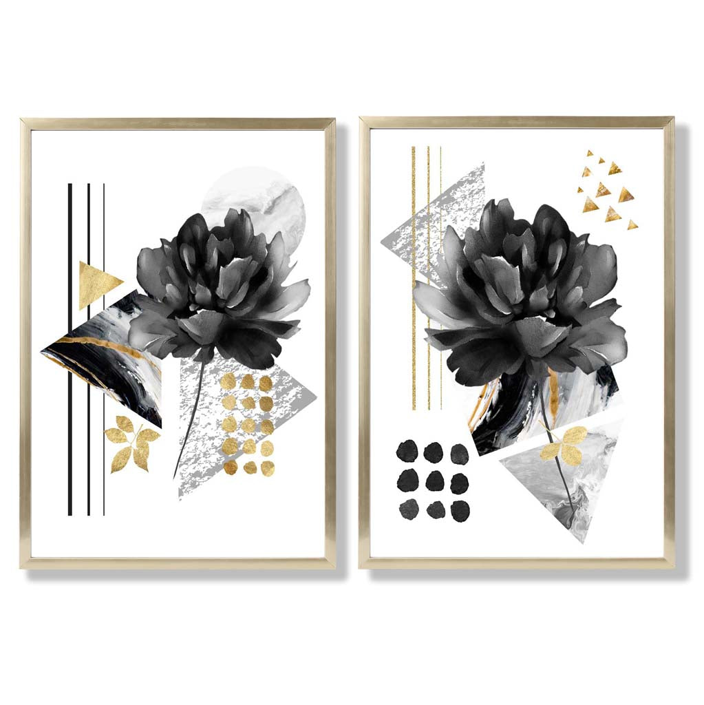 Moderne Blumenmotive, schwarz-gold gerahmtes Set aus 2 Kunstdrucken