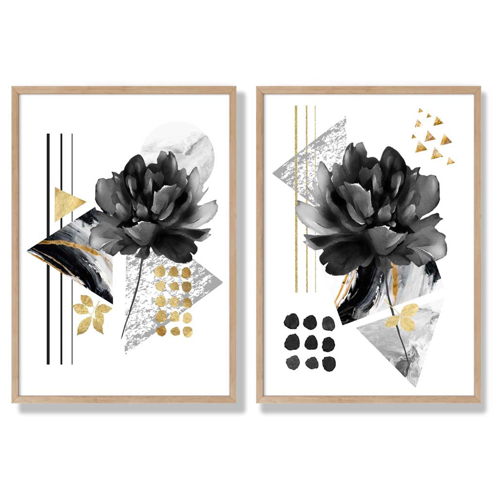 Moderne Blumenmotive, schwarz-gold gerahmtes Set aus 2 Kunstdrucken