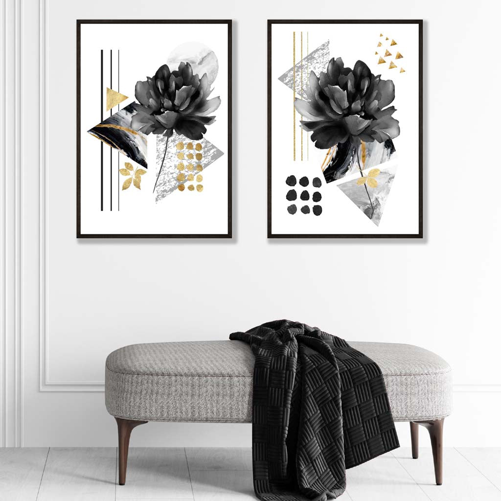 Moderne Blumenmotive, schwarz-gold gerahmtes Set aus 2 Kunstdrucken