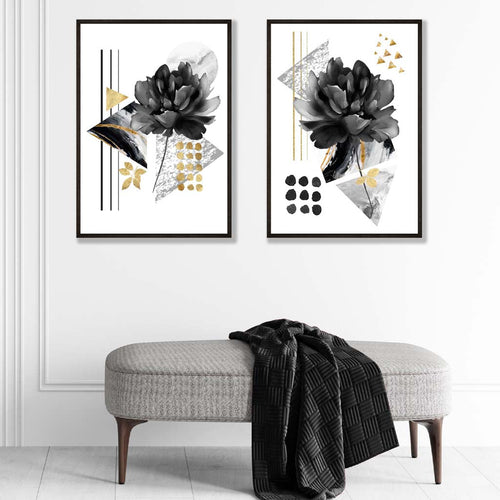 Moderne Blumenmotive, schwarz-gold gerahmtes Set aus 2 Kunstdrucken