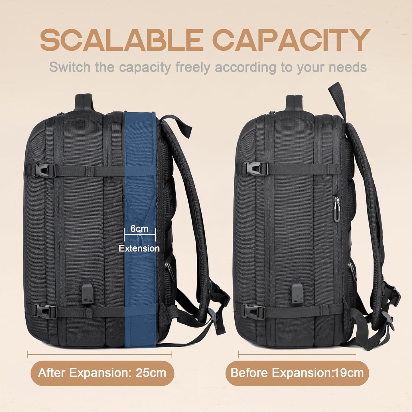 40L erweiterbarer wasserdichter Reiserrucksack mit USB-Anschluss & 17” Laptopfach – AirVoyage | Karnz