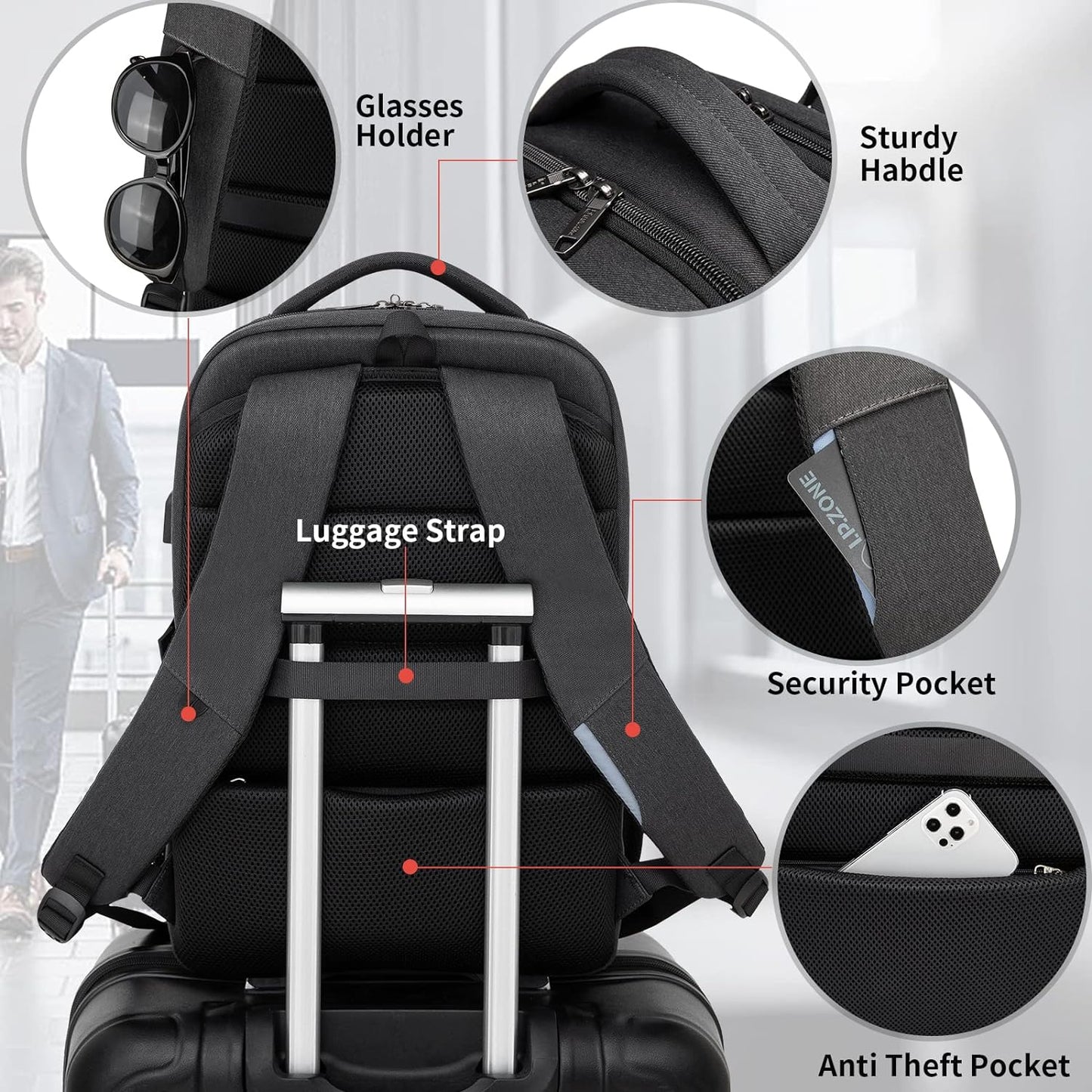 Wasserabweisender Reise-Laptop-Rucksack mit USB-Anschluss & organisierter Aufbewahrung | Karnz