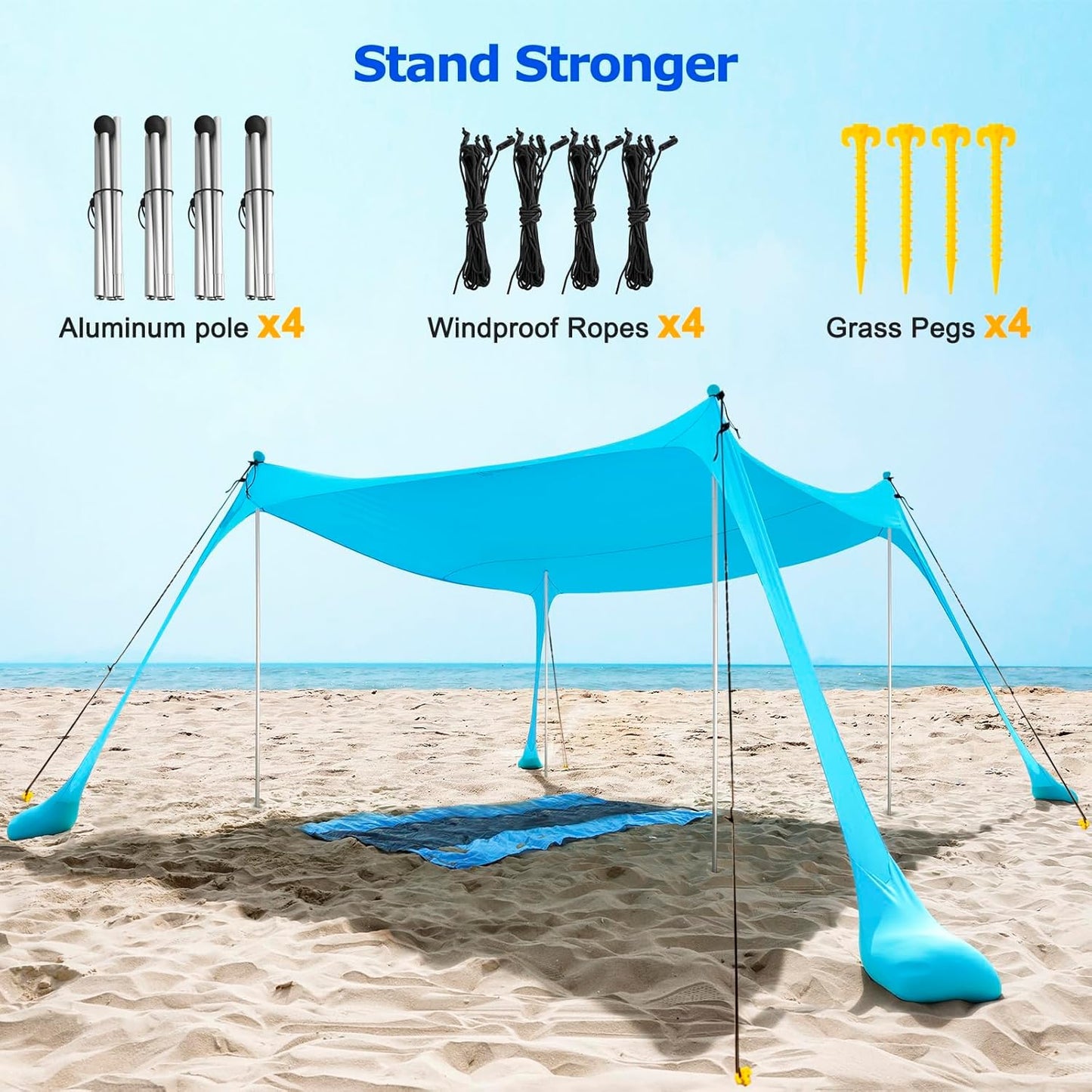 UPF50+ Familien-Strandzelt mit Aluminiumstangen und Sandankern