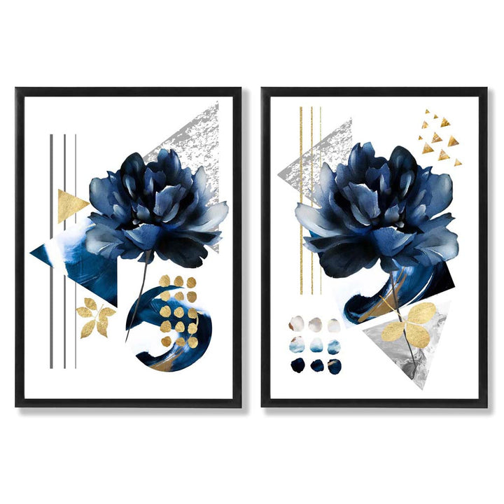 Moderne Blumen in Blau und Gold, gerahmtes 2er-Set Kunstdrucke