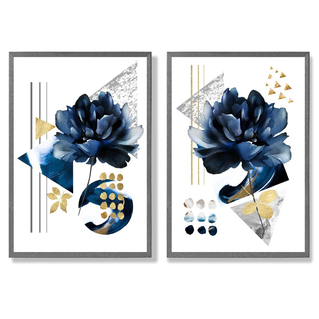 Moderne Blumen in Blau und Gold, gerahmtes 2er-Set Kunstdrucke