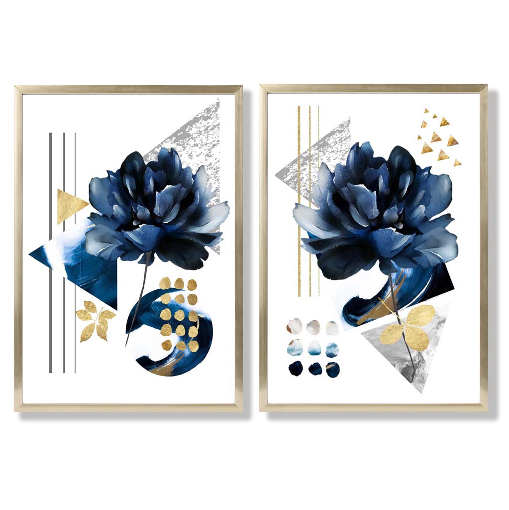 Moderne Blumen in Blau und Gold, gerahmtes 2er-Set Kunstdrucke