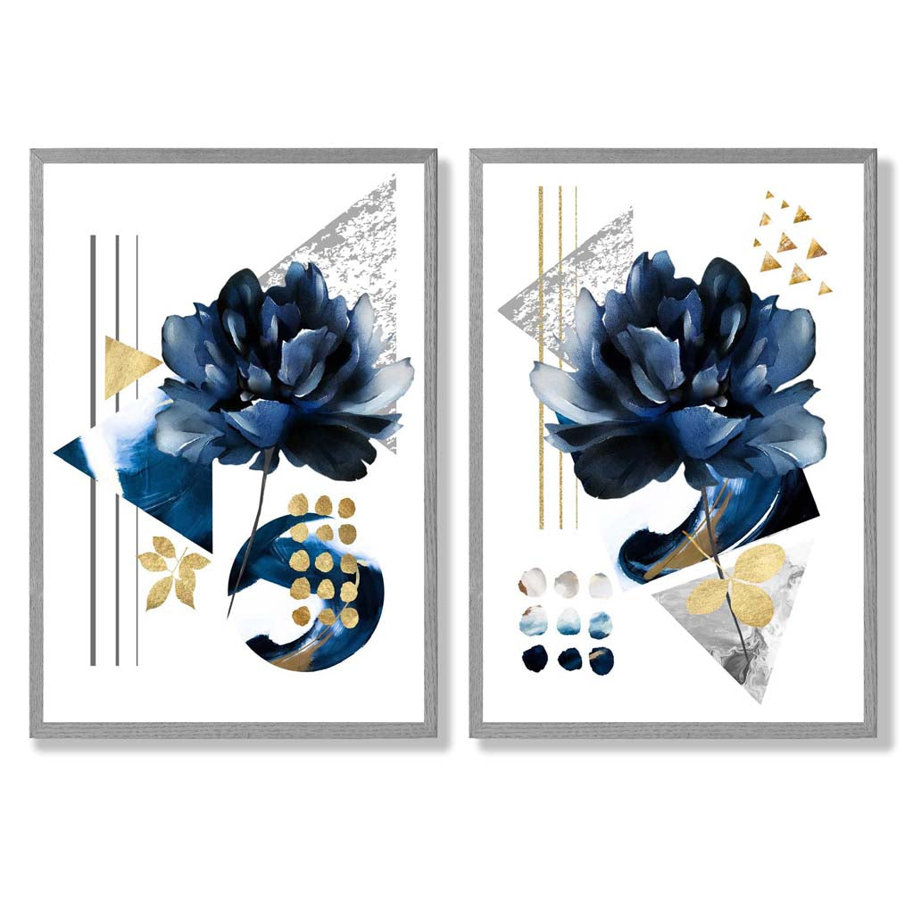 Moderne Blumen in Blau und Gold, gerahmtes 2er-Set Kunstdrucke