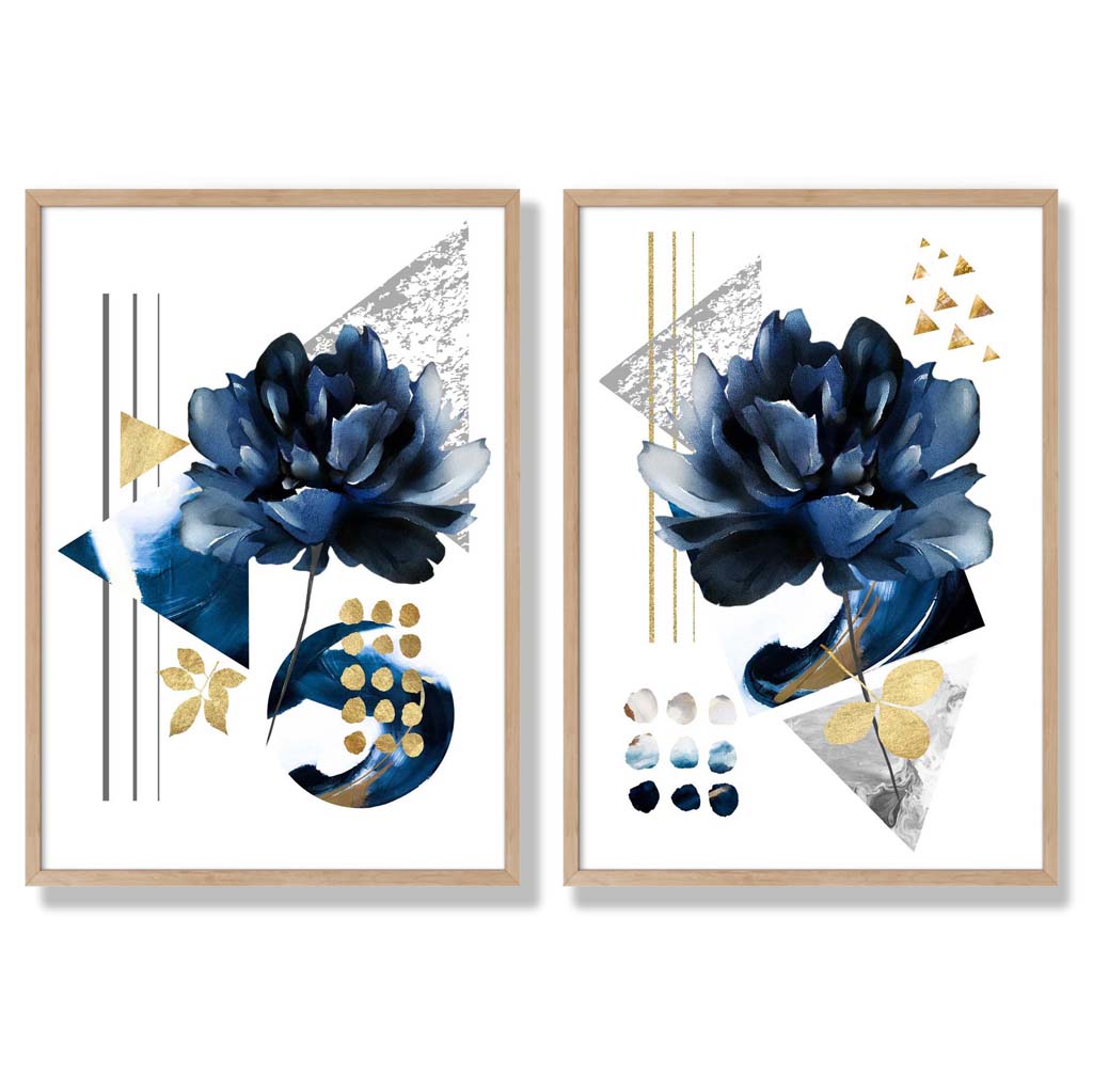 Moderne Blumen in Blau und Gold, gerahmtes 2er-Set Kunstdrucke
