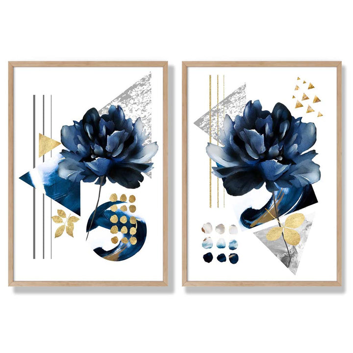 Moderne Blumen in Blau und Gold, gerahmtes 2er-Set Kunstdrucke