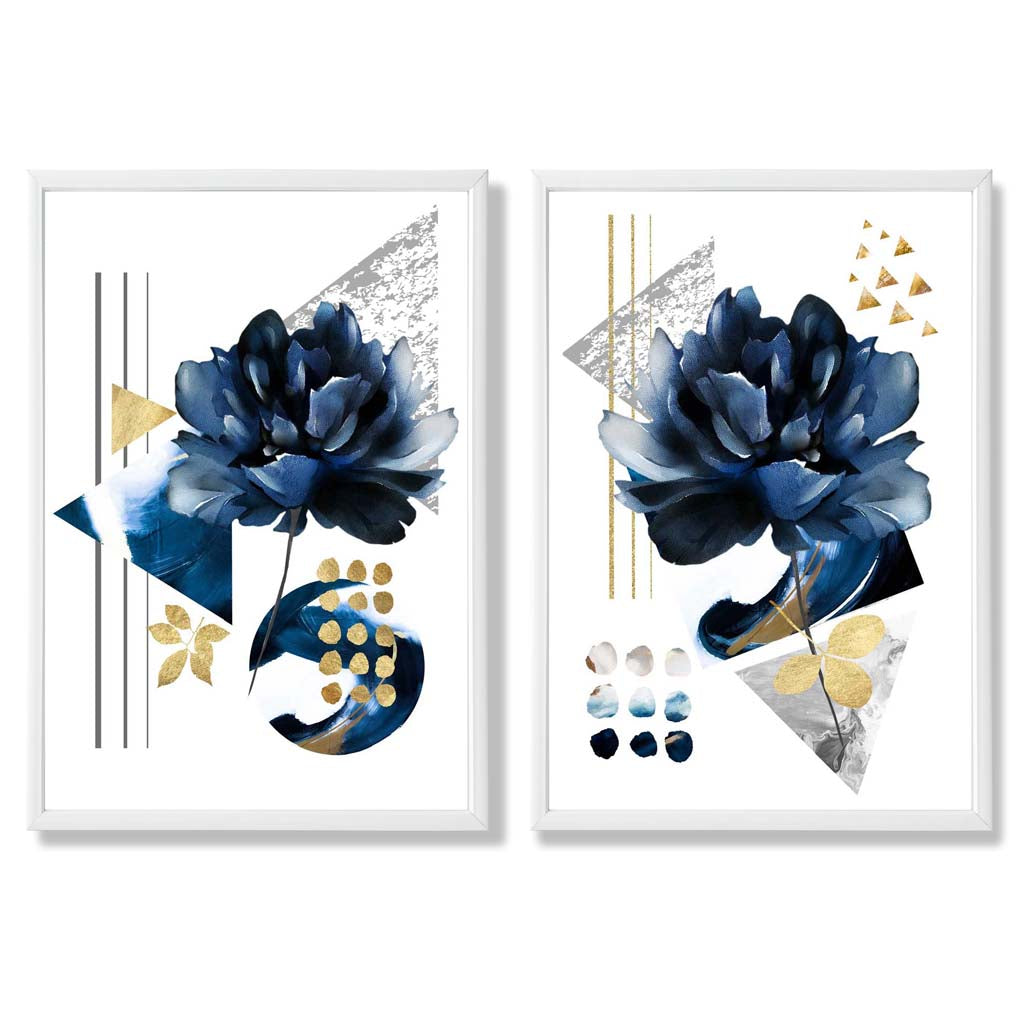 Moderne Blumen in Blau und Gold, gerahmtes 2er-Set Kunstdrucke