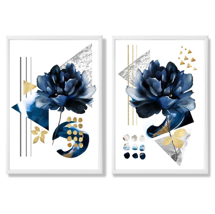 Moderne Blumen in Blau und Gold, gerahmtes 2er-Set Kunstdrucke