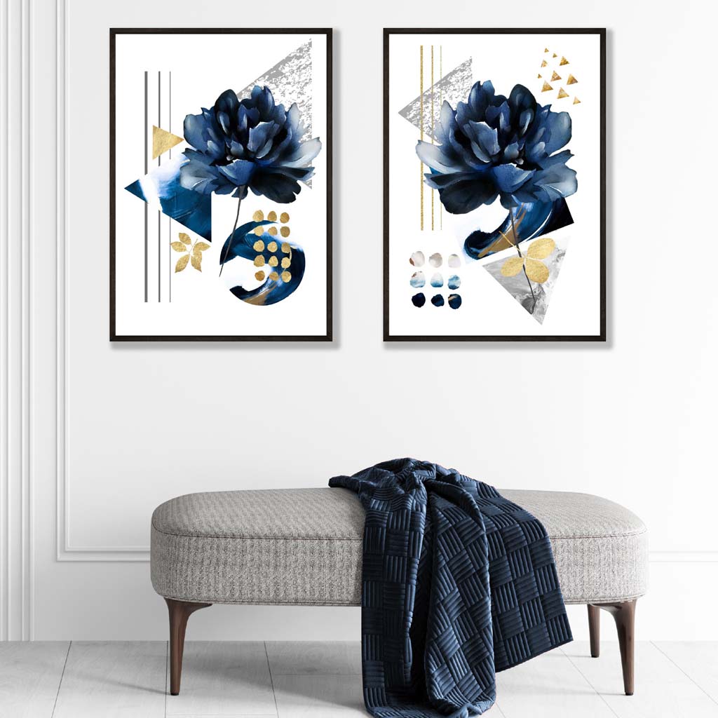 Moderne Blumen in Blau und Gold, gerahmtes 2er-Set Kunstdrucke