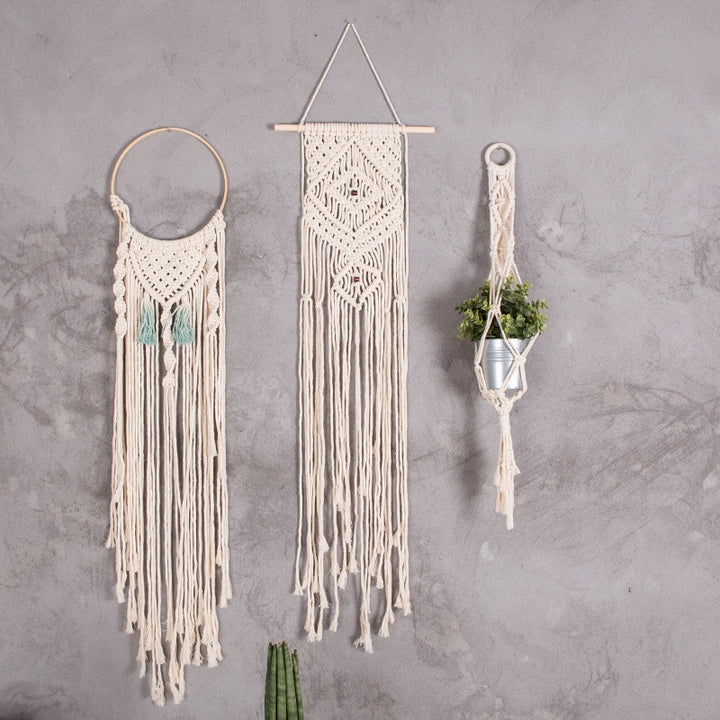 Makramé-Wandbehang-Set mit handgeknüpften Fransen und Boho-Sitzauflage