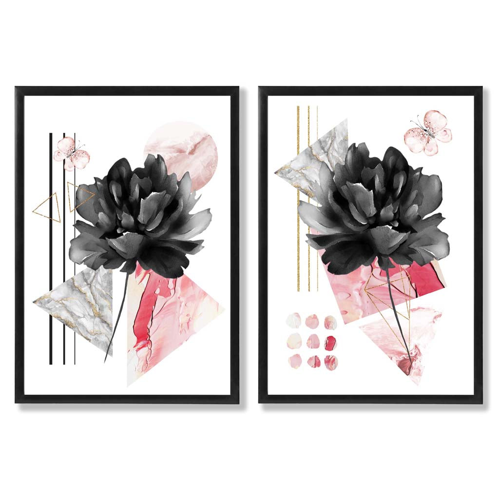 Moderne Blumen in Schwarz und Rosa – gerahmtes Set aus 2 Kunstdrucken
