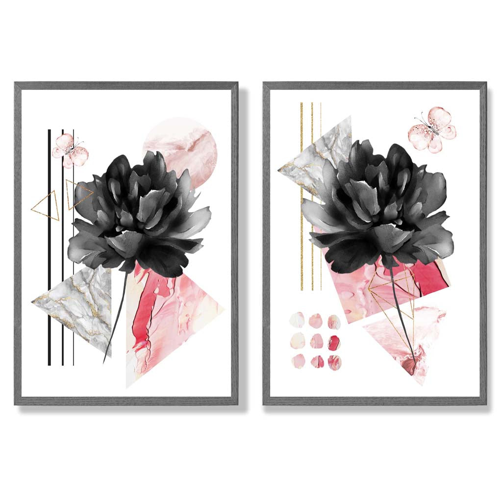 Moderne Blumen in Schwarz und Rosa – gerahmtes Set aus 2 Kunstdrucken