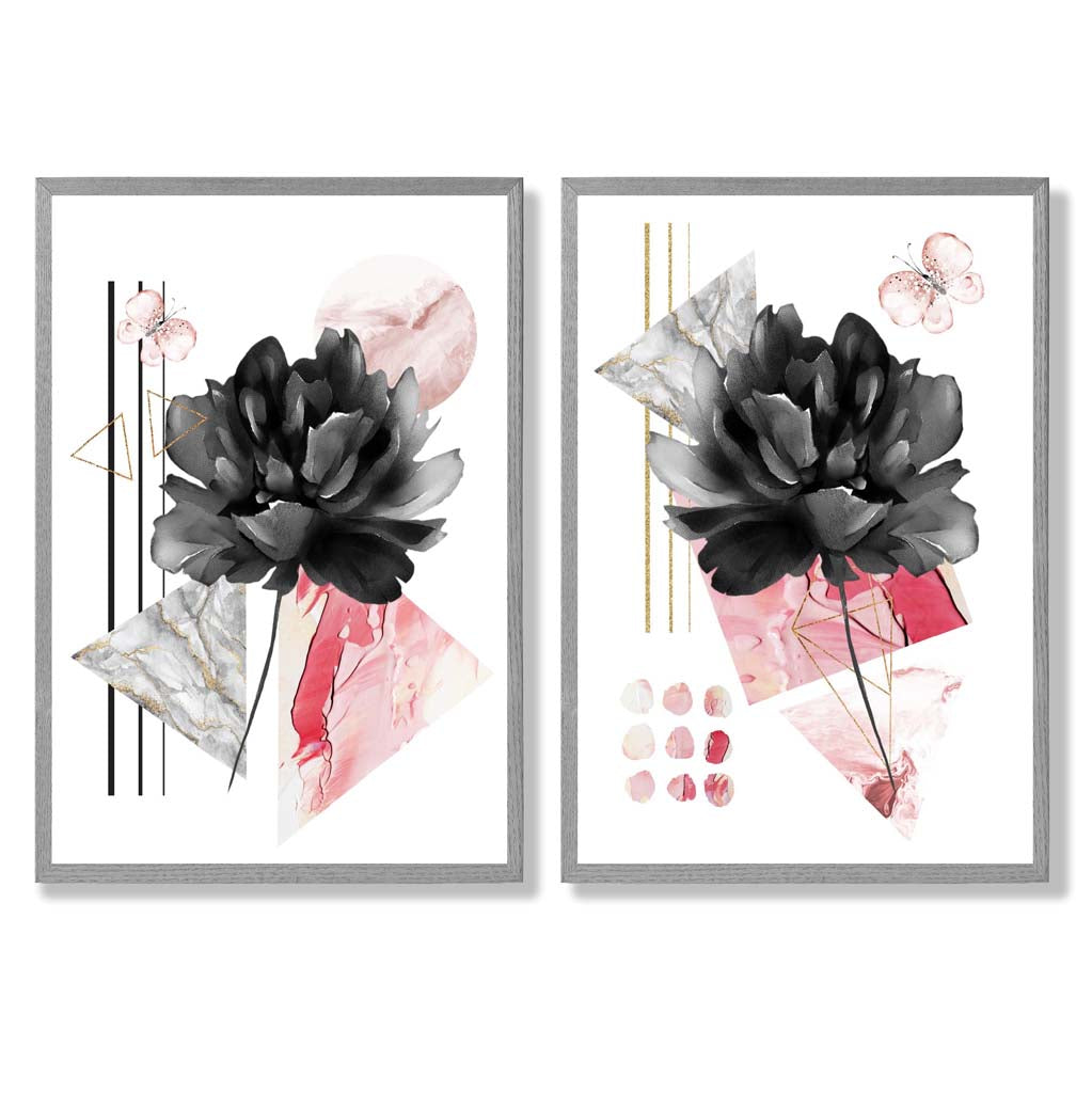 Moderne Blumen in Schwarz und Rosa – gerahmtes Set aus 2 Kunstdrucken