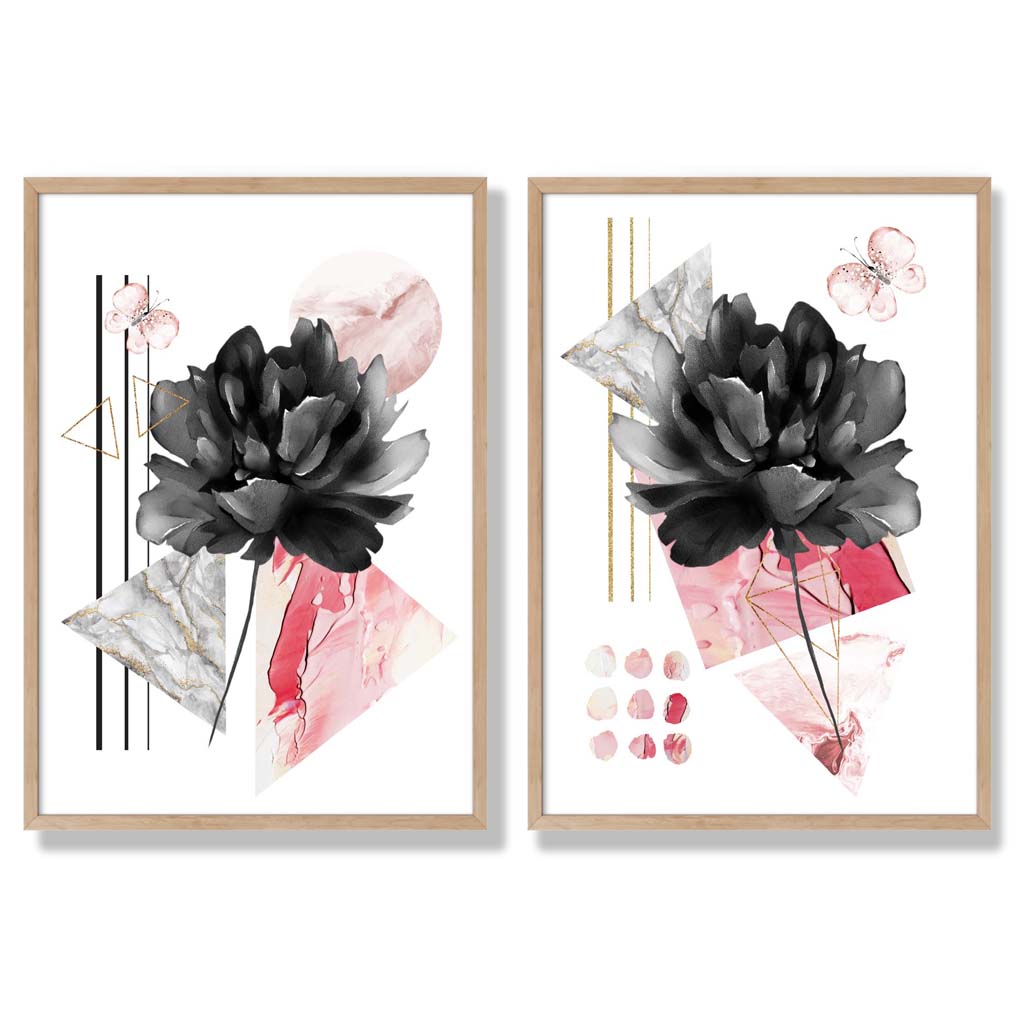 Moderne Blumen in Schwarz und Rosa – gerahmtes Set aus 2 Kunstdrucken