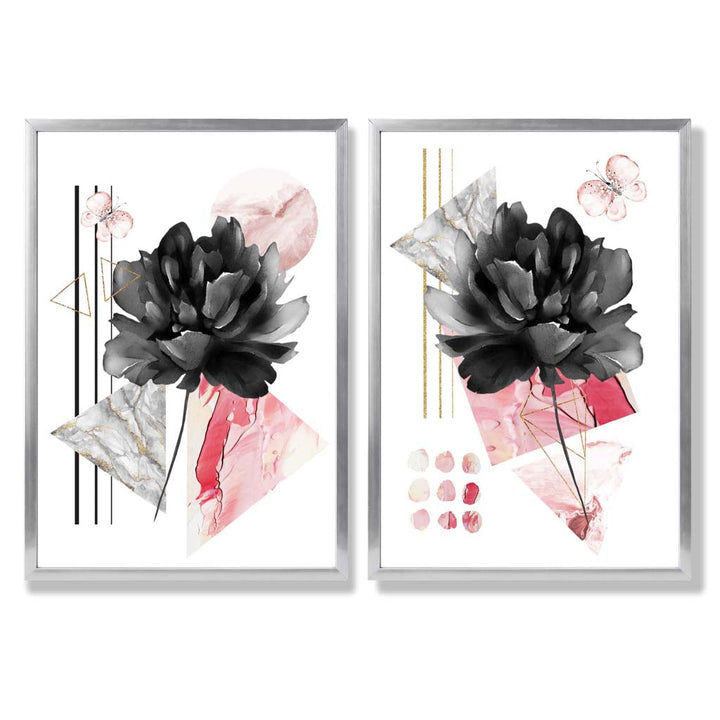 Moderne Blumen in Schwarz und Rosa – gerahmtes Set aus 2 Kunstdrucken
