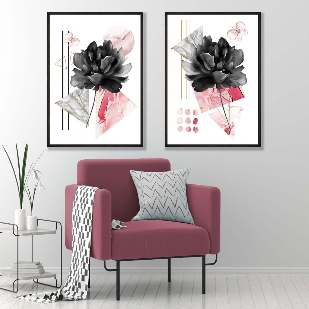 Moderne Blumen in Schwarz und Rosa – gerahmtes Set aus 2 Kunstdrucken