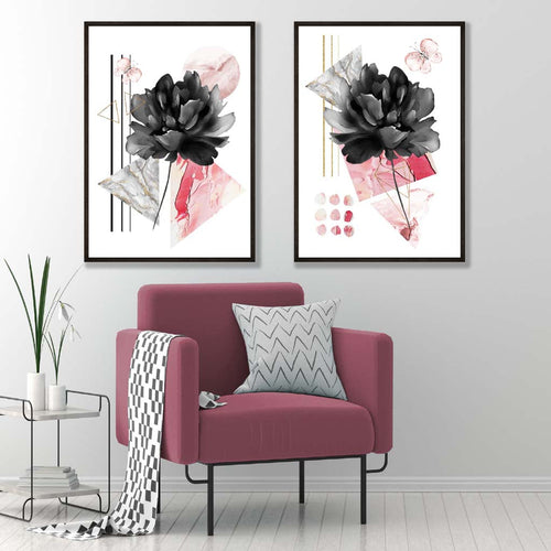 Moderne Blumen in Schwarz und Rosa – gerahmtes Set aus 2 Kunstdrucken