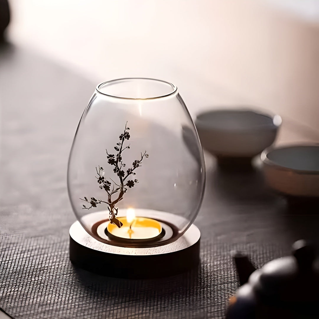 2-teiliges Set aus Glas-Teelichtern mit Holzsockel - dekorativ im retro Zen-Stil | perfekt für das Wohnzimmer, Tischdekoration und im Freien | Karnz