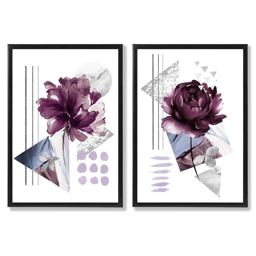 Moderne Blumen im lila Rahmen, 2er-Set Kunstdrucke