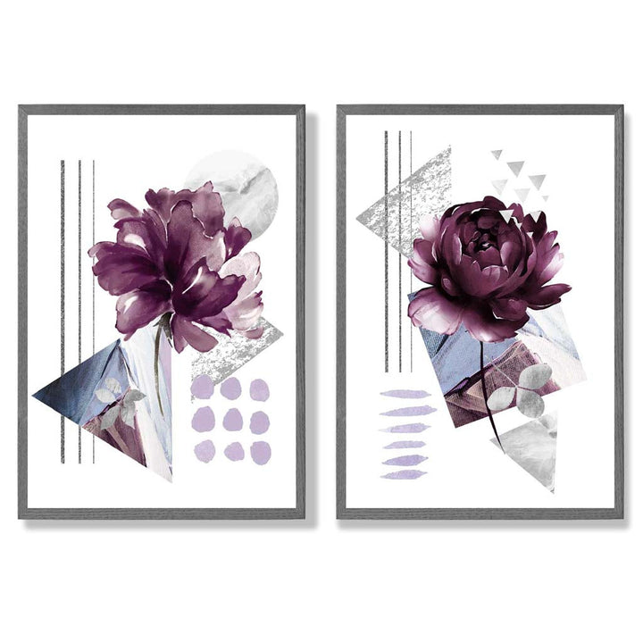 Moderne Blumen im lila Rahmen, 2er-Set Kunstdrucke