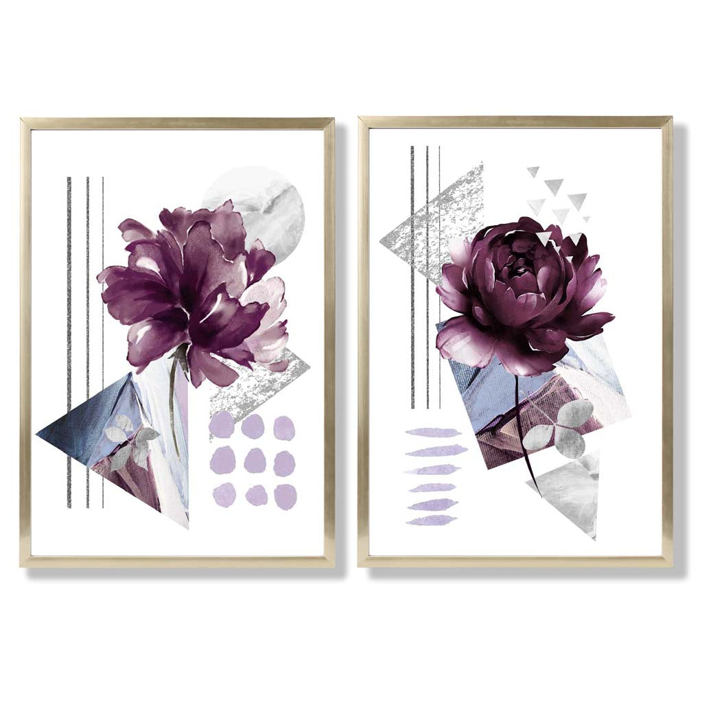 Moderne Blumen im lila Rahmen, 2er-Set Kunstdrucke