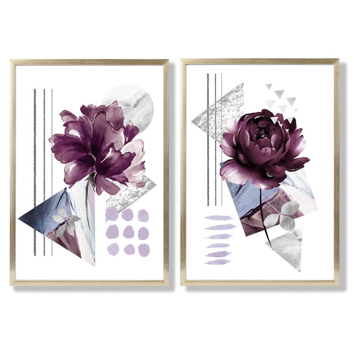 Moderne Blumen im lila Rahmen, 2er-Set Kunstdrucke