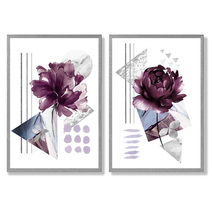 Moderne Blumen im lila Rahmen, 2er-Set Kunstdrucke
