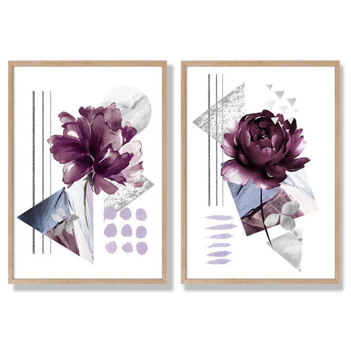 Moderne Blumen im lila Rahmen, 2er-Set Kunstdrucke