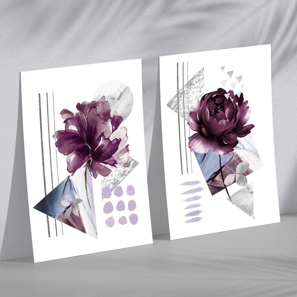 Moderne Blumen im lila Rahmen, 2er-Set Kunstdrucke