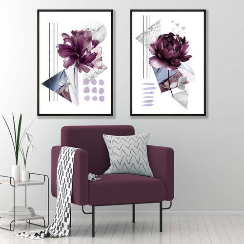 Moderne Blumen im lila Rahmen, 2er-Set Kunstdrucke