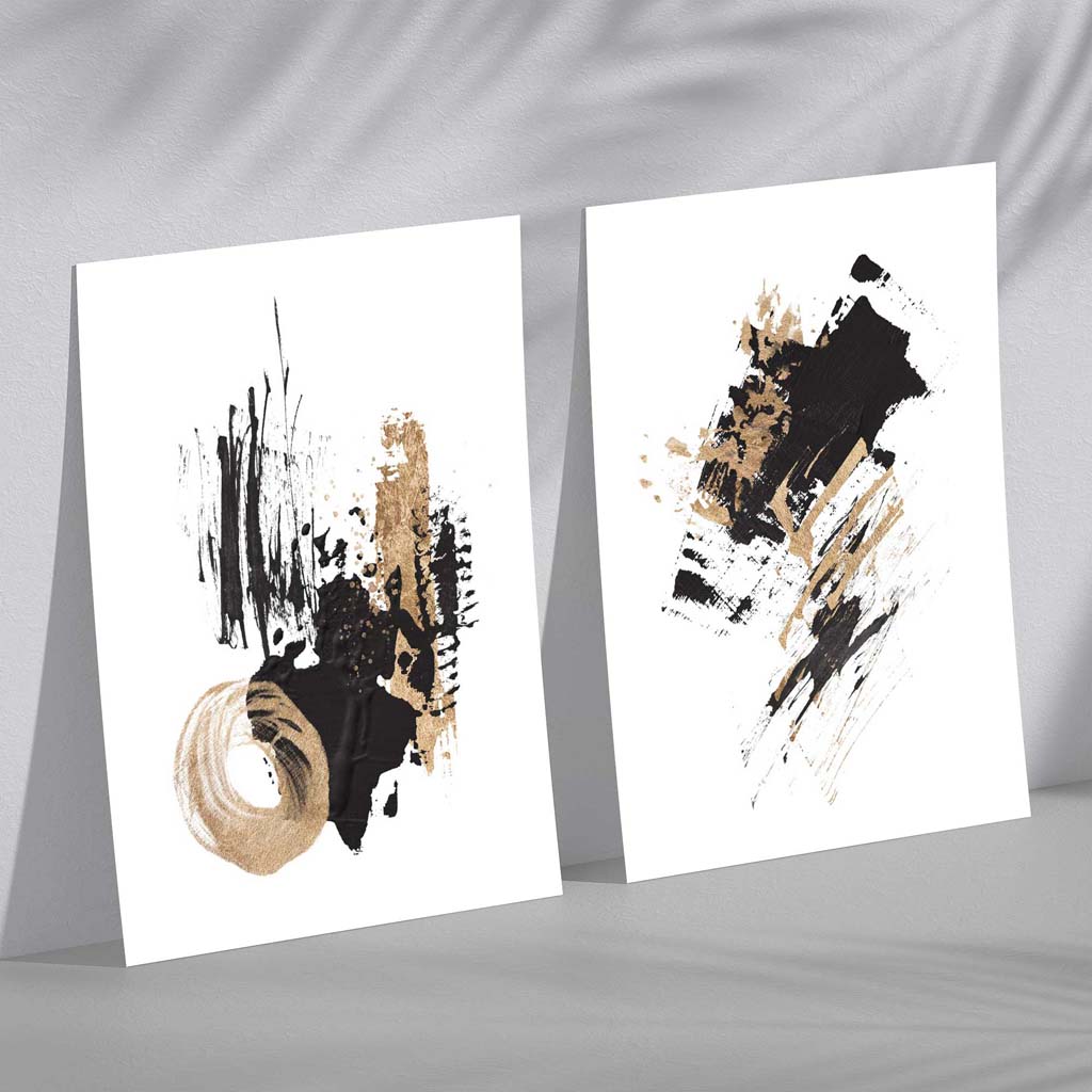 Abstrakte Ölmalerei in Schwarz und Gold, 2 Kunstdrucke