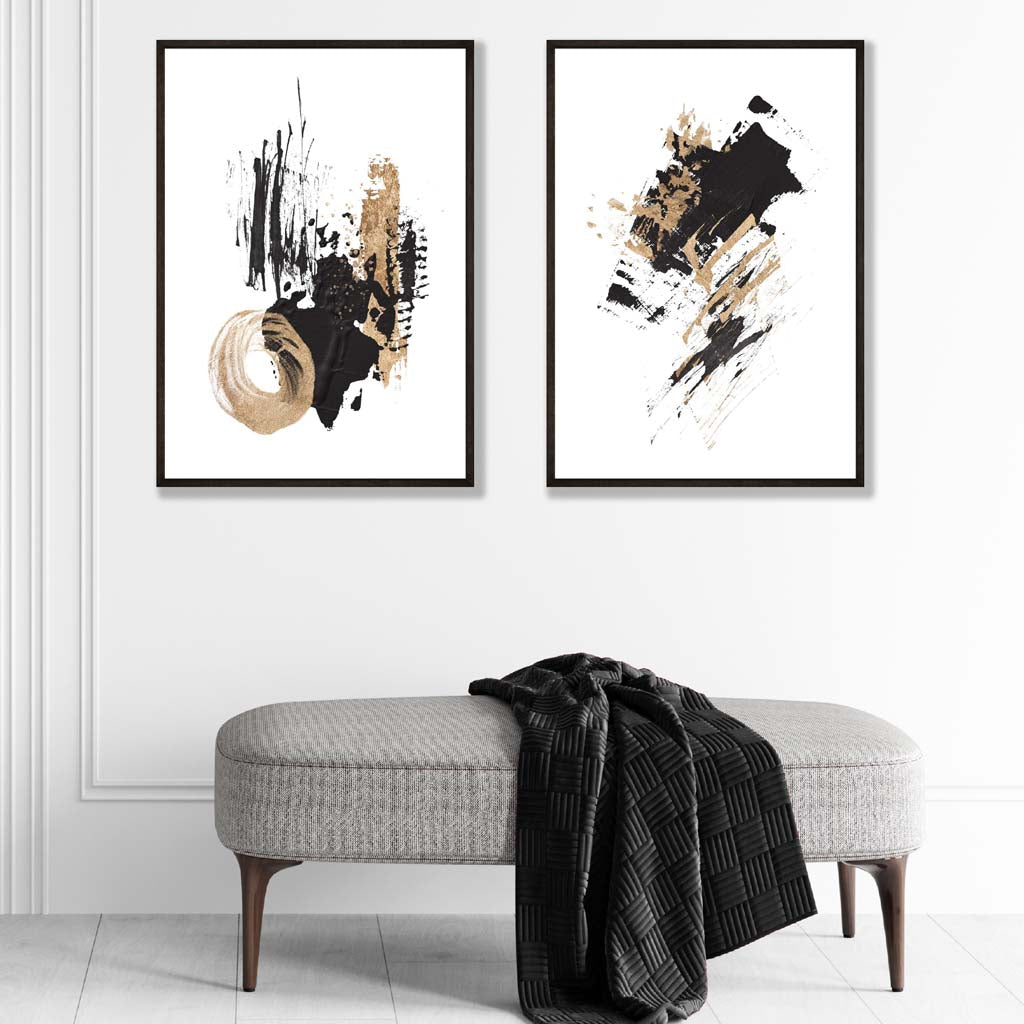 Abstrakte Ölmalerei in Schwarz und Gold, 2 Kunstdrucke