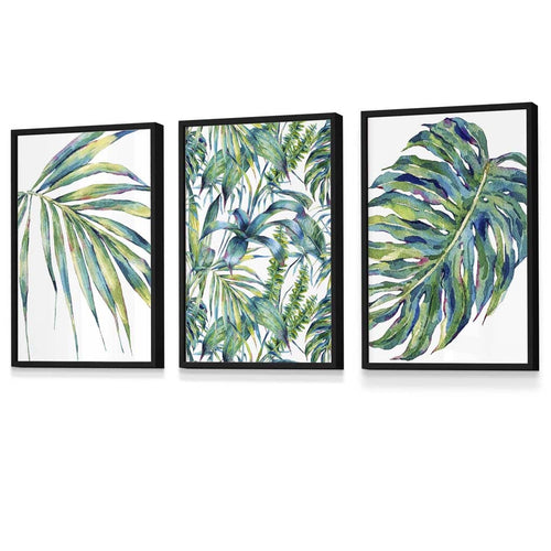 Botanisches Motiv in Blaugrün, 3-teiliges Set gerahmter Wandbilder