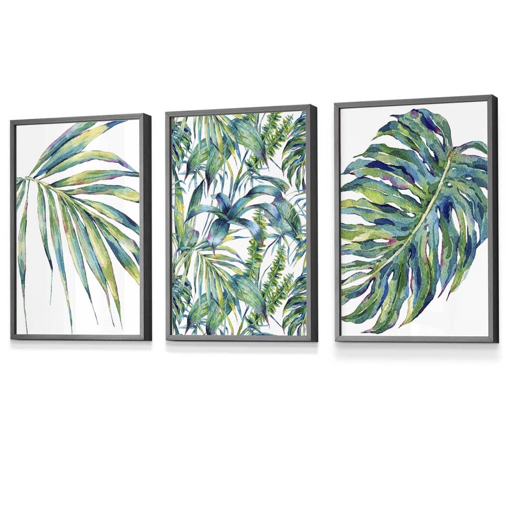 Botanisches Motiv in Blaugrün, 3-teiliges Set gerahmter Wandbilder
