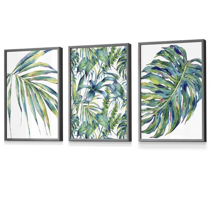 Botanisches Motiv in Blaugrün, 3-teiliges Set gerahmter Wandbilder