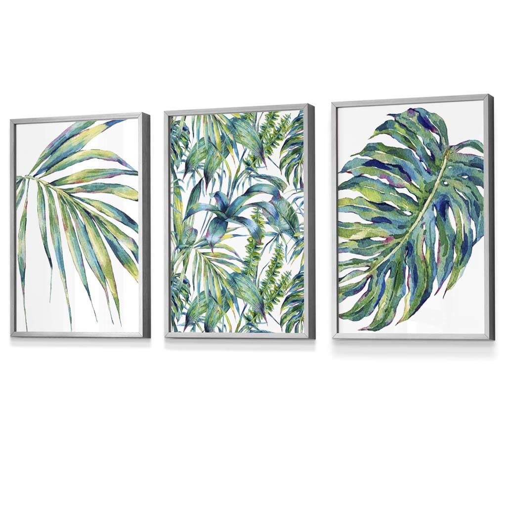 Botanisches Motiv in Blaugrün, 3-teiliges Set gerahmter Wandbilder