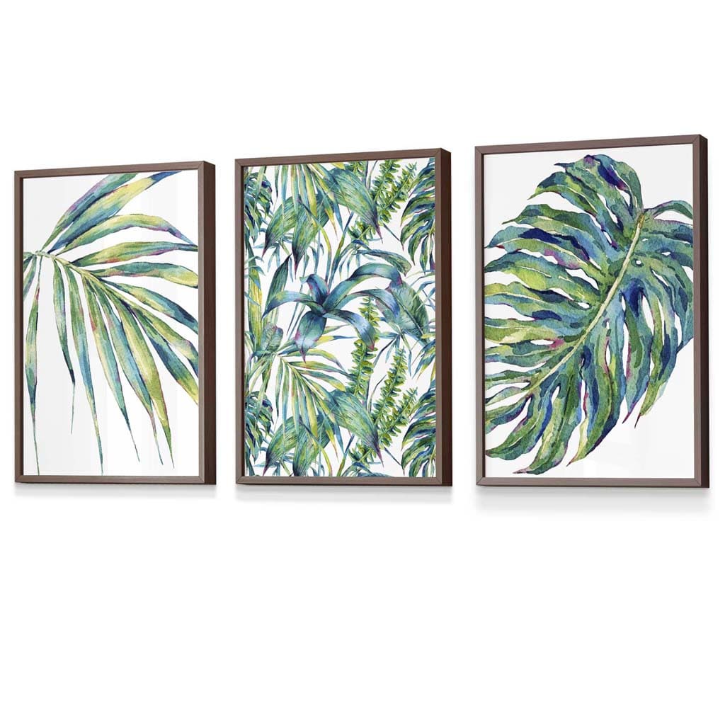 Botanisches Motiv in Blaugrün, 3-teiliges Set gerahmter Wandbilder