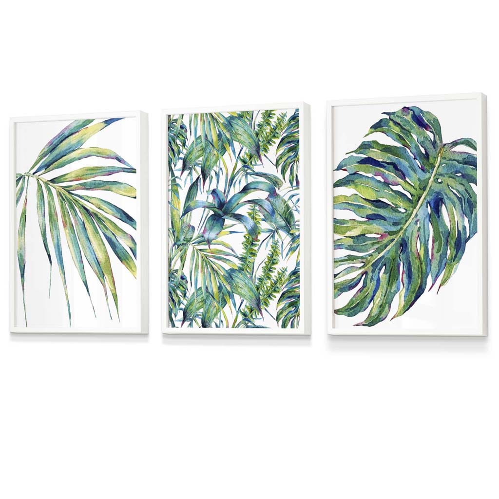 Botanisches Motiv in Blaugrün, 3-teiliges Set gerahmter Wandbilder