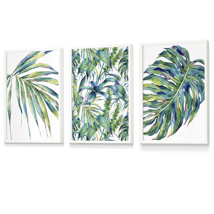 Botanisches Motiv in Blaugrün, 3-teiliges Set gerahmter Wandbilder