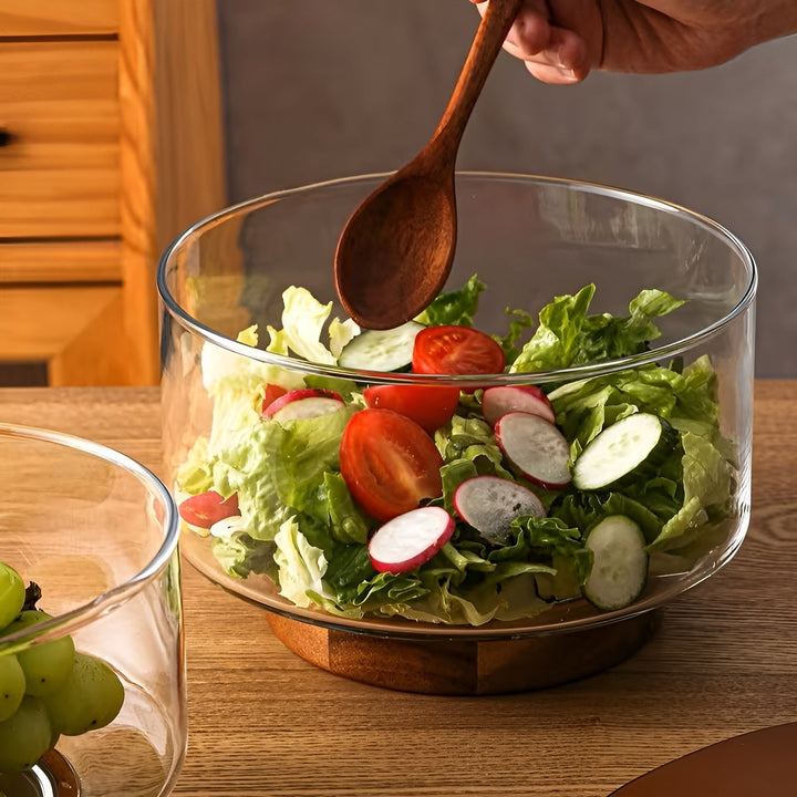 Glas-Schale mit Holzsockel – Elegant und dekorativ | Perfekt für Obst, Snacks und Salate in der Küche