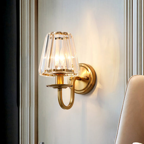 Moderne Kegel Wandlamp 1 Kopf K9 Kristall Wandleuchte in Gold mit Bogenarm | Karnz